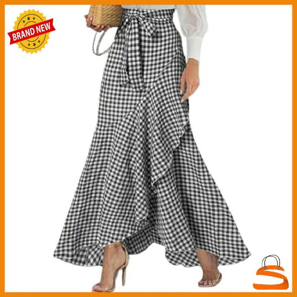 Women's Plaid Mermaid Maxi Skirt A-Line Ruffle Hem Casual Long Skirt - Picture 2 of 3